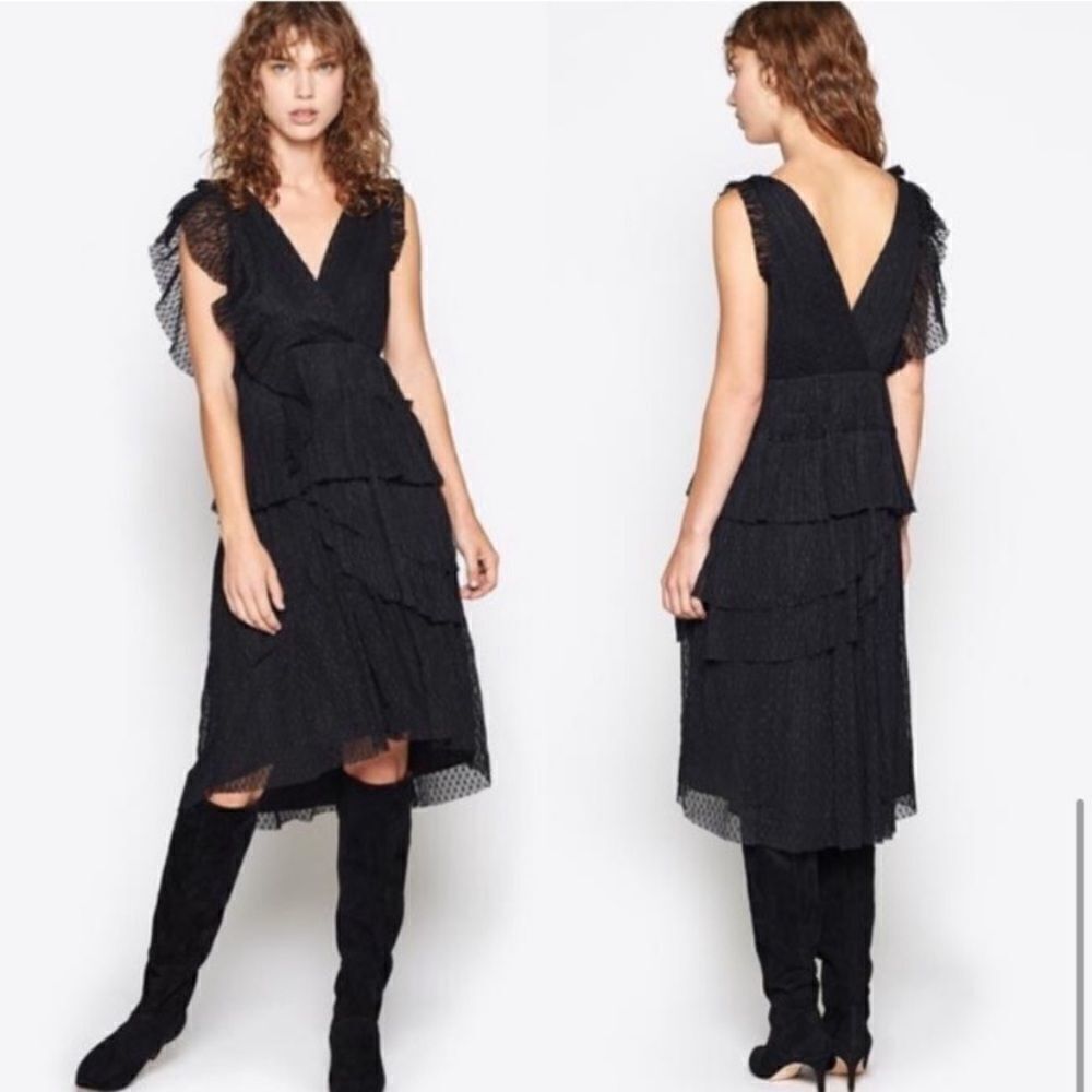 Joie Johnesha Wms Sz 2 Black Lace Faux Wrap Tiered Deep Front Back V-Neck Dress